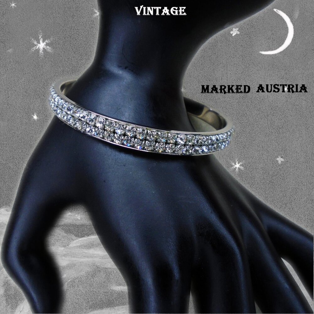 Rhinestone Bangle Marked Austria, Silvertone Rhodium Finish 80s Vintage Bracelet